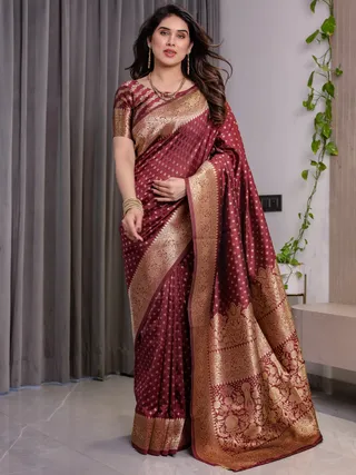 Maroon Banarasi Soft Silk Saree with Golden Zari Border
