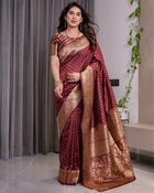 Maroon Banarasi Soft Silk Saree with Golden Zari Border - Maroon, Wine, Rust, Brown, Burgundy