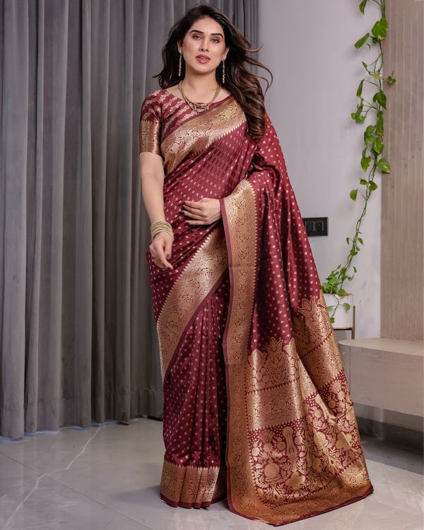 Maroon Banarasi Soft Silk Saree with Golden Zari Border