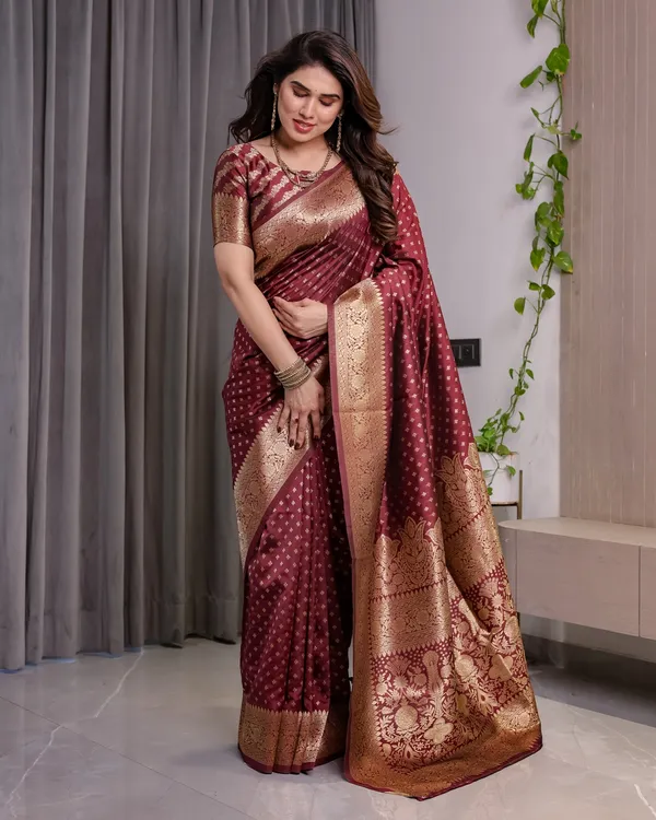Maroon Banarasi Soft Silk Saree with Golden Zari Border