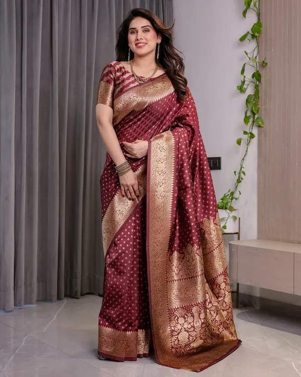 Maroon Banarasi Soft Silk Saree with Golden Zari Border
