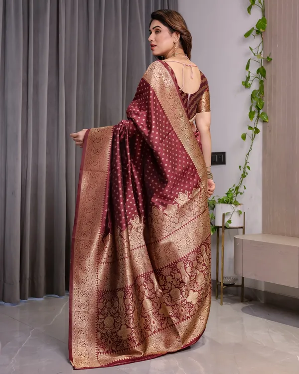 Maroon Banarasi Soft Silk Saree with Golden Zari Border