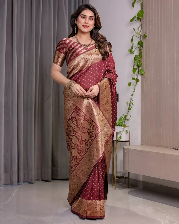 Maroon Banarasi Soft Silk Saree with Golden Zari Border