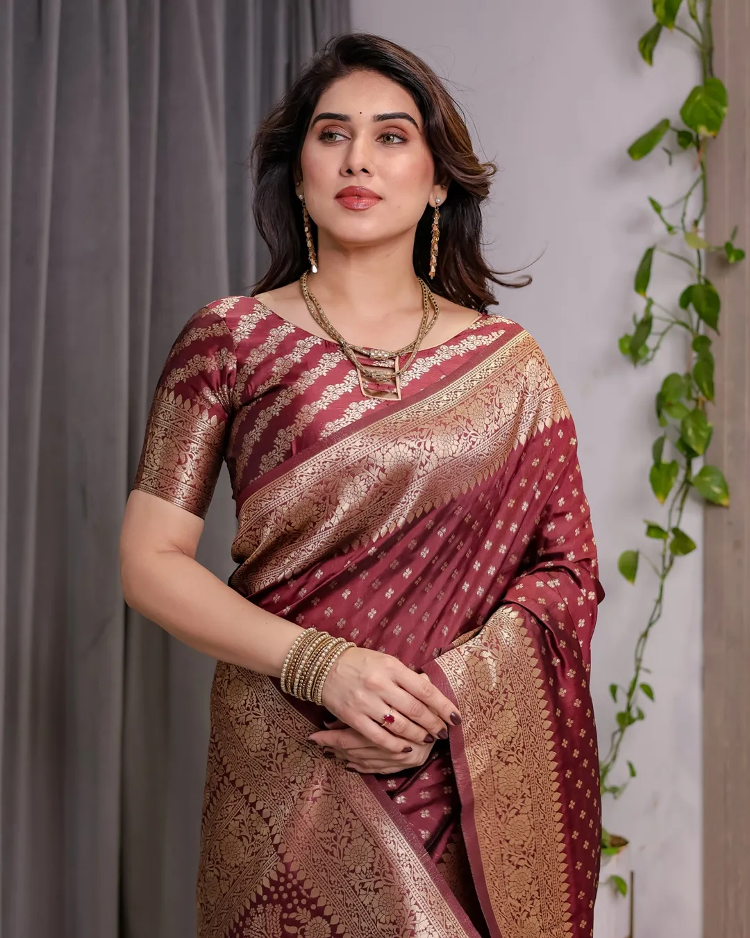 Maroon Banarasi Soft Silk Saree with Golden Zari Border