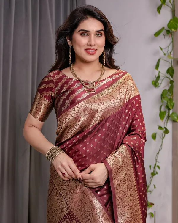 Maroon Banarasi Soft Silk Saree with Golden Zari Border