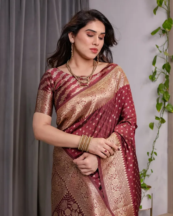 Maroon Banarasi Soft Silk Saree with Golden Zari Border