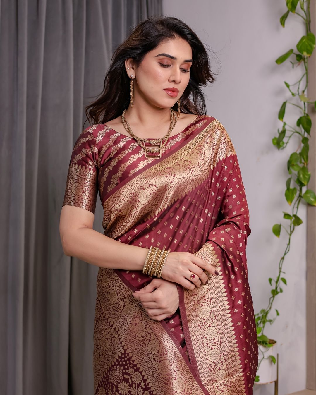 Maroon Banarasi Soft Silk Saree with Golden Zari Border