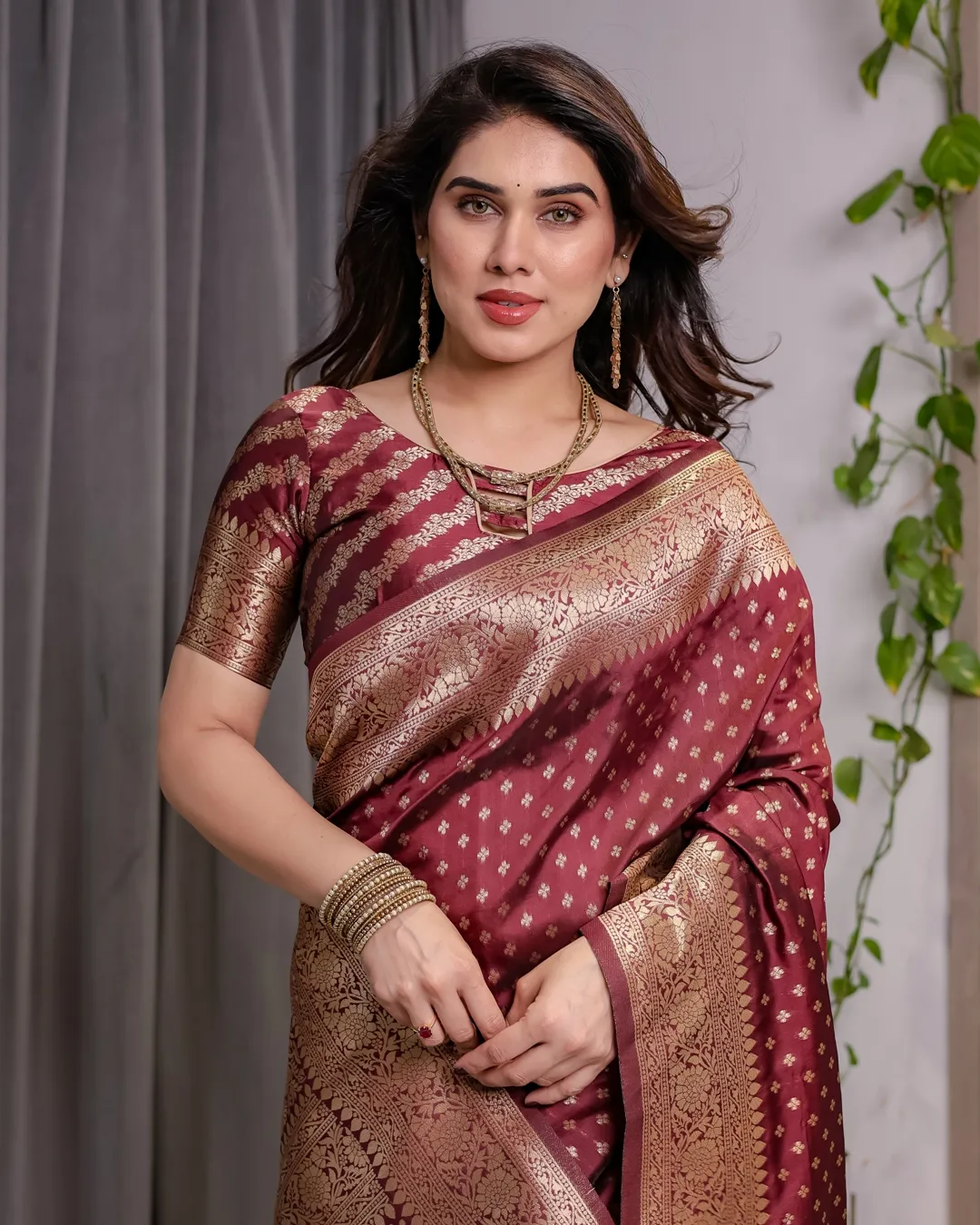 Maroon Banarasi Soft Silk Saree with Golden Zari Border