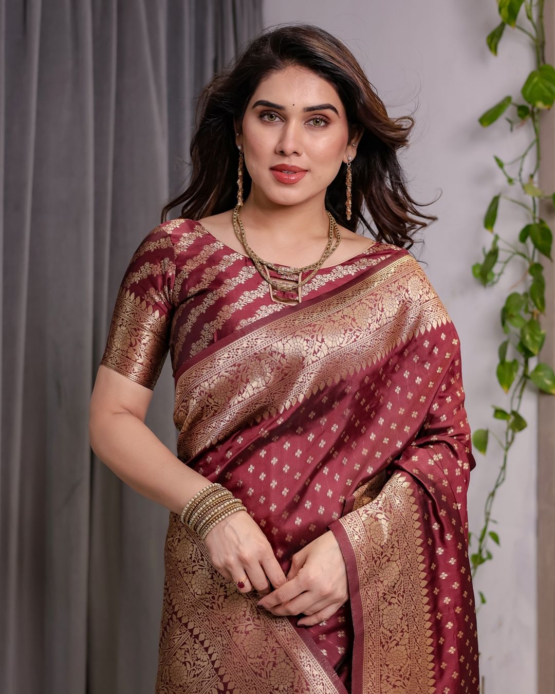 Maroon Banarasi Soft Silk Saree with Golden Zari Border