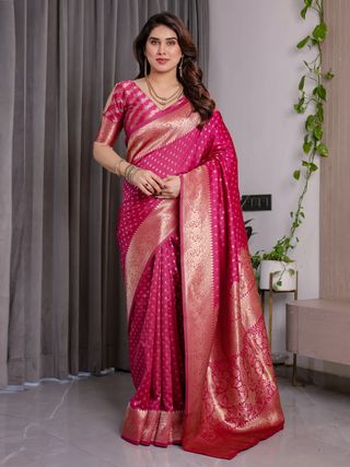 Rani Pink Banarasi Soft Silk Saree With Golden Zari Border