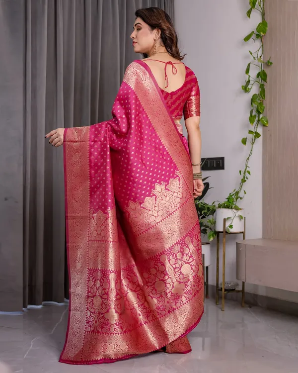 Rani Pink Banarasi Soft Silk Saree With Golden Zari Border