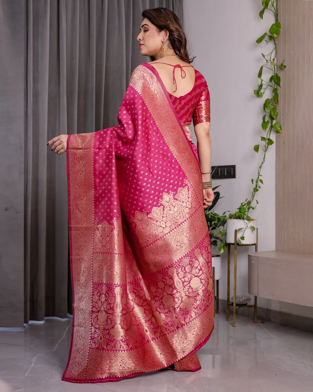 Rani Pink Banarasi Soft Silk Saree With Golden Zari Border