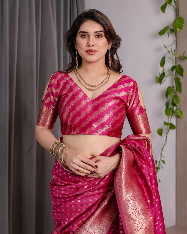 Rani Pink Banarasi Soft Silk Saree With Golden Zari Border