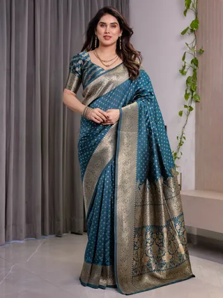 Teal Blue Banarasi Soft Silk Saree with Golden Zari Borders