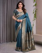 Teal Blue Banarasi Soft Silk Saree With Golden Zari Borders - blue, Turquoise, Sky Blue, Royal Blue, Navy Blue, Slate Blue, Cobalt Blue, Denim Blue, Teal, Aqua Blue