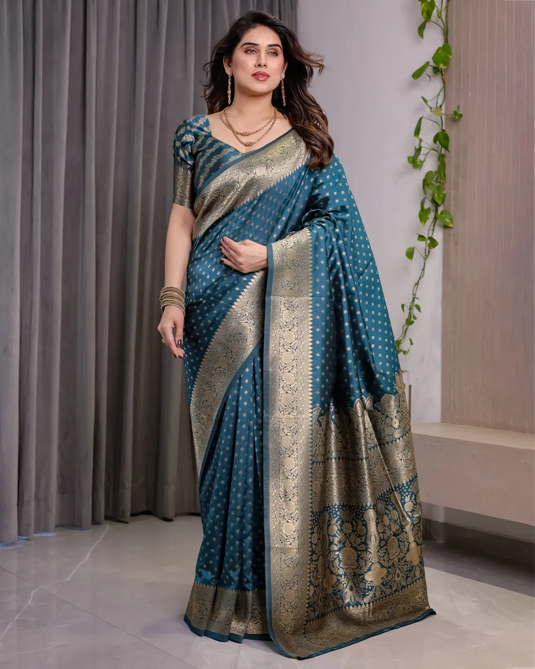 Teal Blue Banarasi Soft Silk Saree With Golden Zari Borders