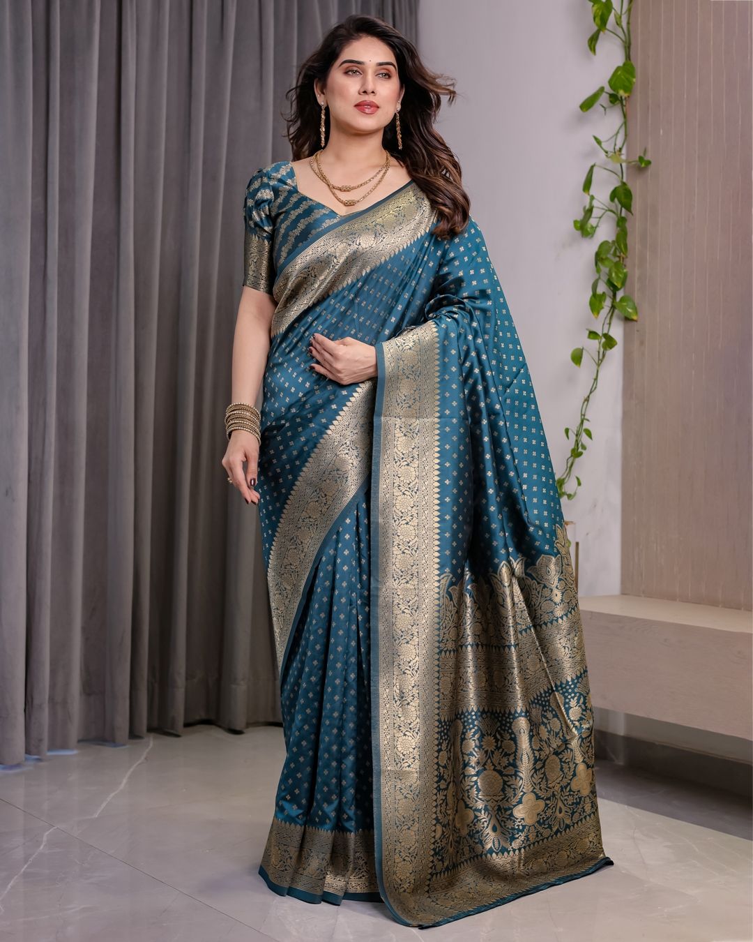 Teal Blue Banarasi Soft Silk Saree With Golden Zari Borders