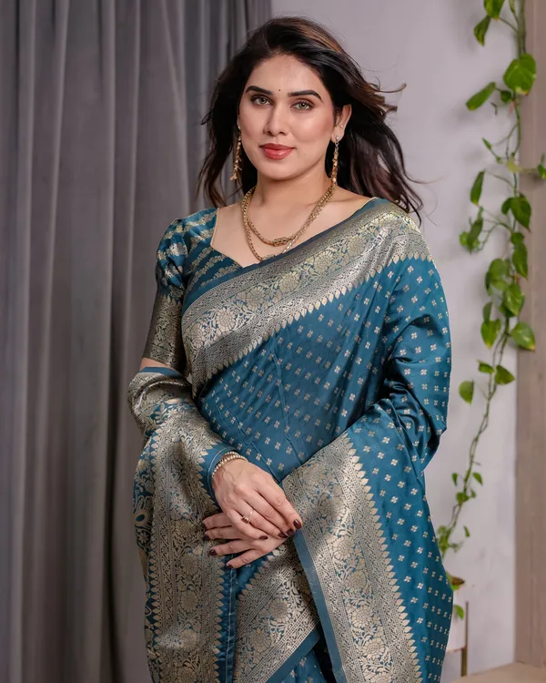 Teal Blue Banarasi Soft Silk Saree With Golden Zari Borders