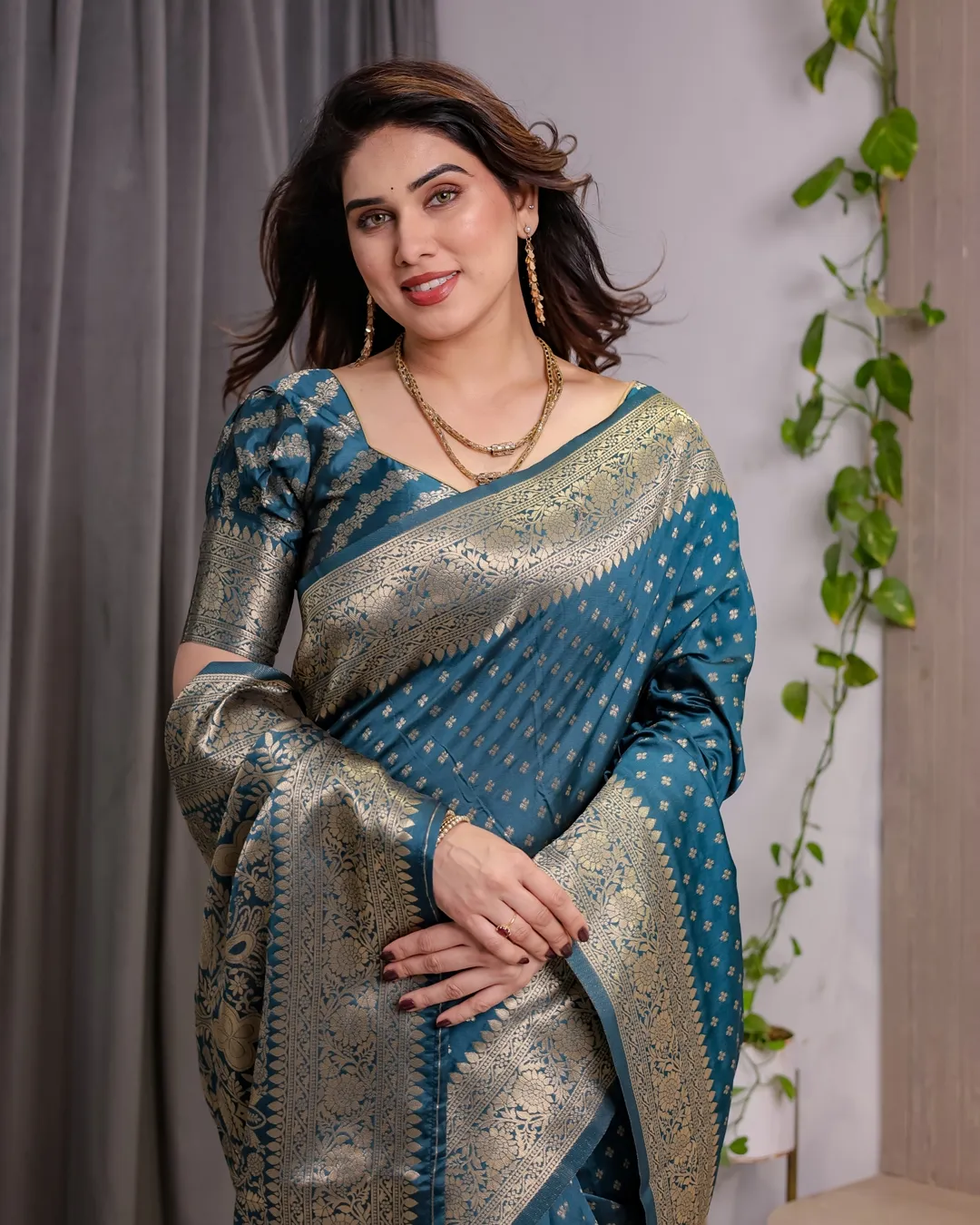 Teal Blue Banarasi Soft Silk Saree With Golden Zari Borders