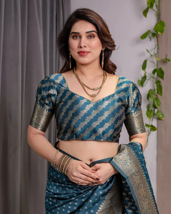 Teal Blue Banarasi Soft Silk Saree With Golden Zari Borders