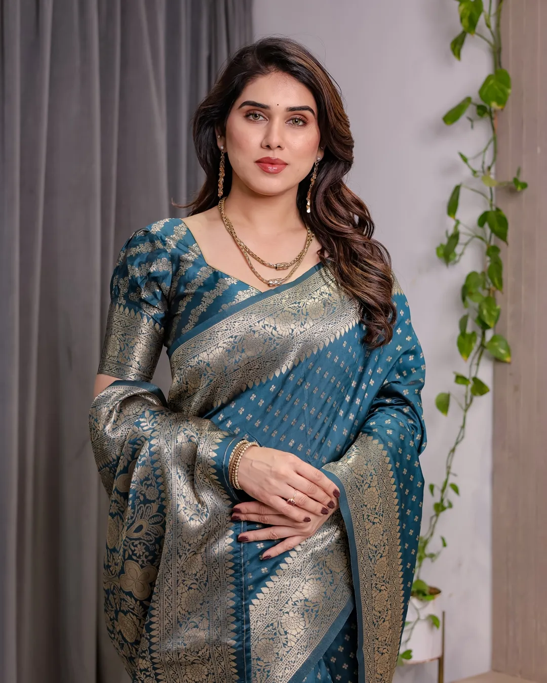 Teal Blue Banarasi Soft Silk Saree With Golden Zari Borders
