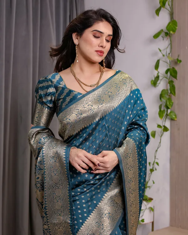 Teal Blue Banarasi Soft Silk Saree With Golden Zari Borders