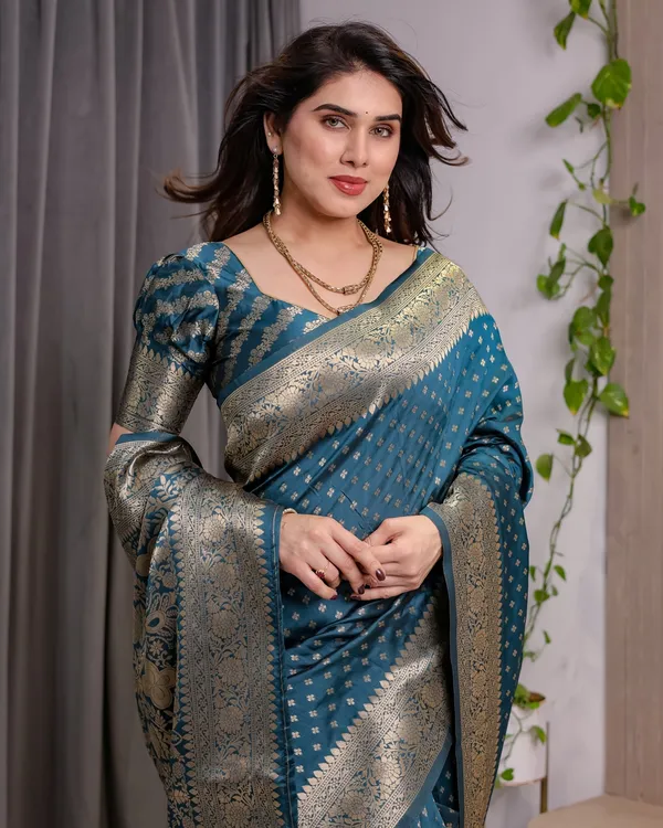 Teal Blue Banarasi Soft Silk Saree With Golden Zari Borders