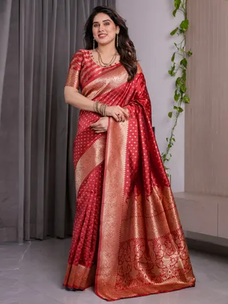 Red Banarasi Soft Silk Saree with Golden Floral Zari Border