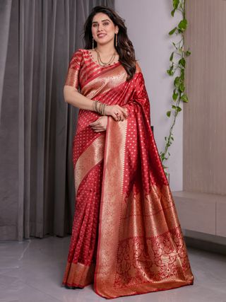 Red Banarasi Soft Silk Saree With Golden Floral Zari Border