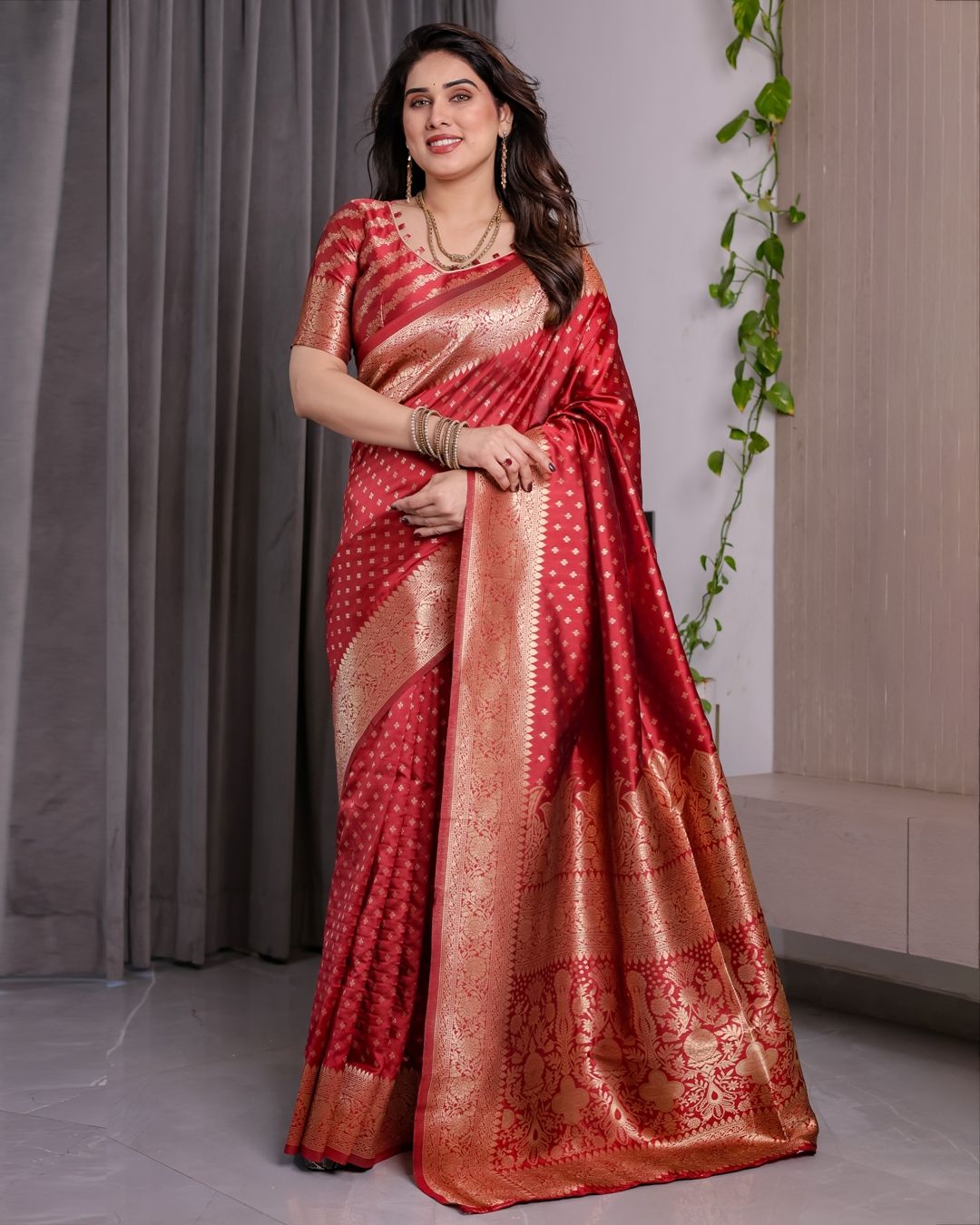 Red Banarasi Soft Silk Saree With Golden Floral Zari Border