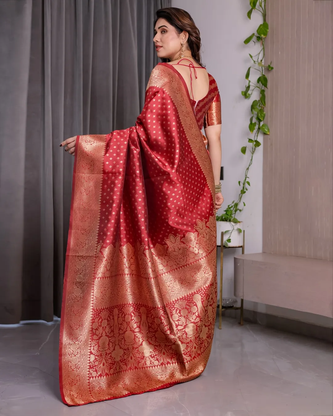 Red Banarasi Soft Silk Saree With Golden Floral Zari Border