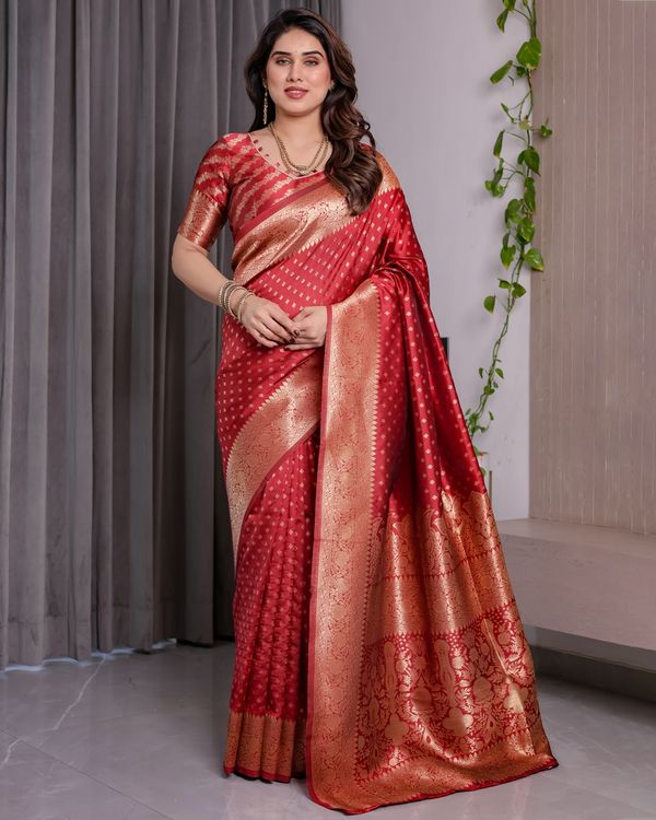 Red Banarasi Soft Silk Saree With Golden Floral Zari Border