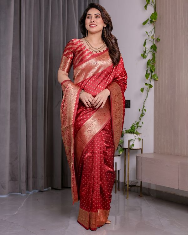 Red Banarasi Soft Silk Saree With Golden Floral Zari Border