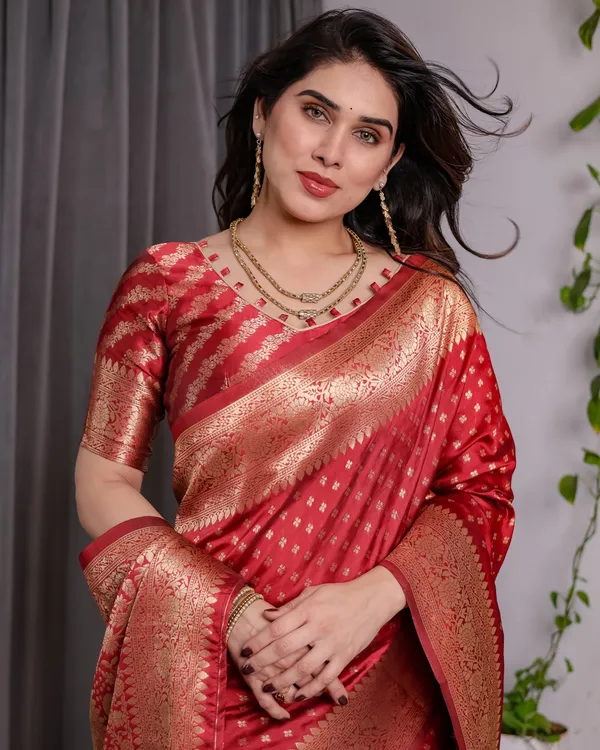 Red Banarasi Soft Silk Saree With Golden Floral Zari Border