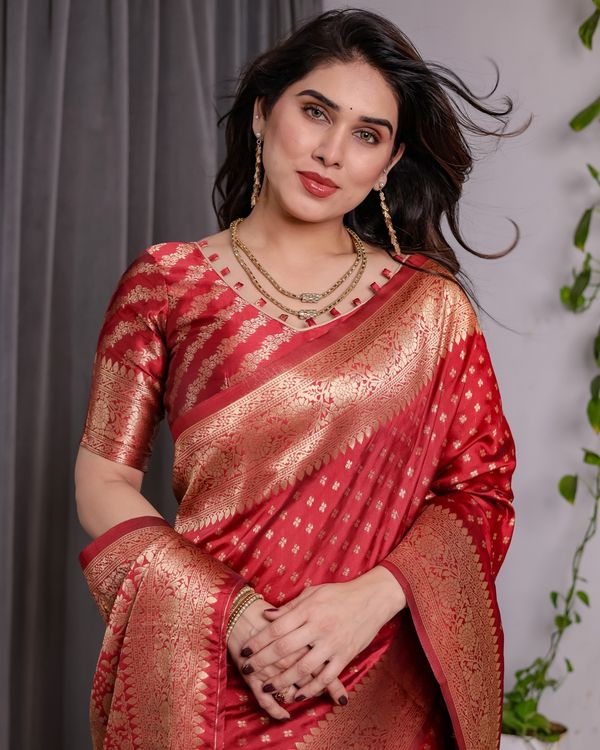 Red Banarasi Soft Silk Saree With Golden Floral Zari Border