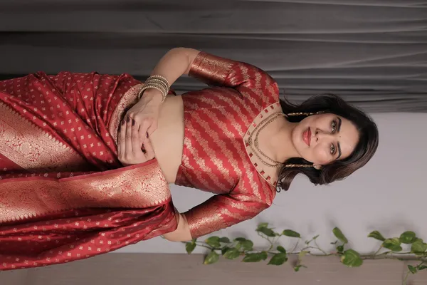 Red Banarasi Soft Silk Saree With Golden Floral Zari Border