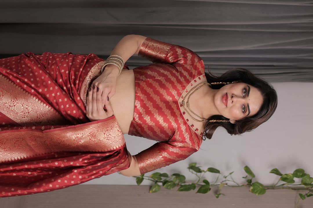 Red Banarasi Soft Silk Saree With Golden Floral Zari Border