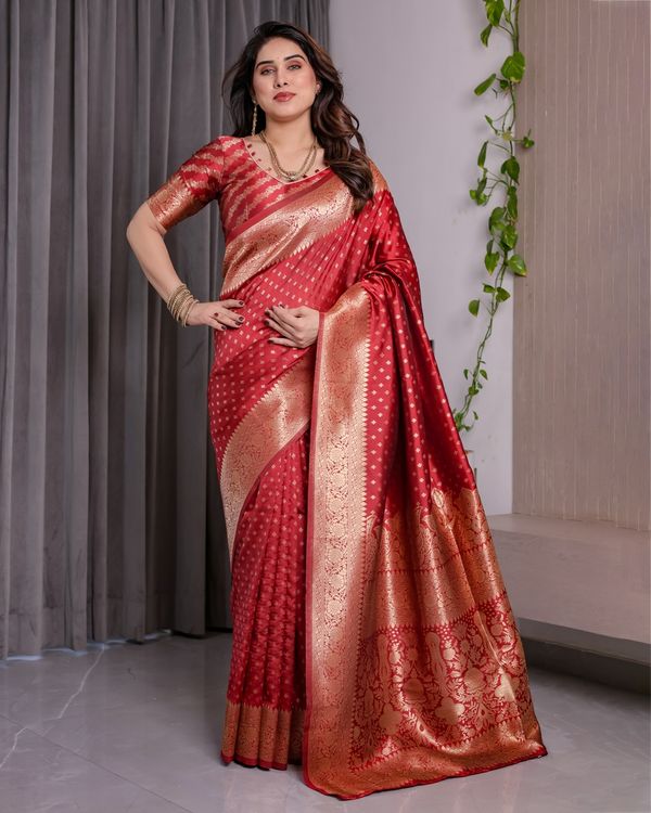 Red Banarasi Soft Silk Saree With Golden Floral Zari Border