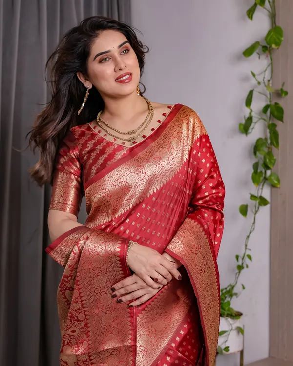 Red Banarasi Soft Silk Saree With Golden Floral Zari Border