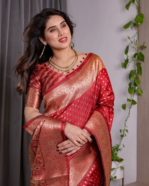 Red Banarasi Soft Silk Saree With Golden Floral Zari Border