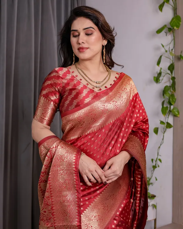Red Banarasi Soft Silk Saree With Golden Floral Zari Border