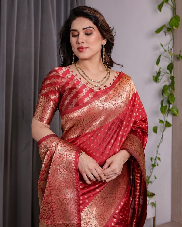 Red Banarasi Soft Silk Saree With Golden Floral Zari Border