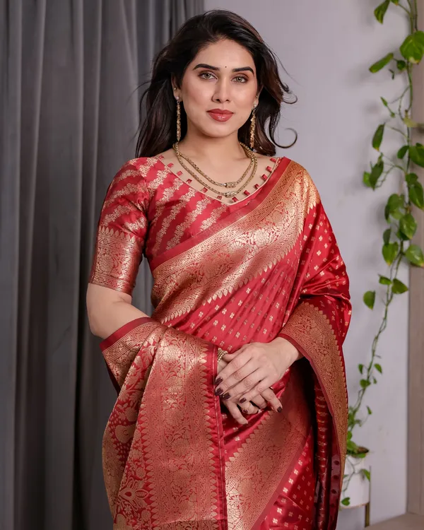 Red Banarasi Soft Silk Saree With Golden Floral Zari Border