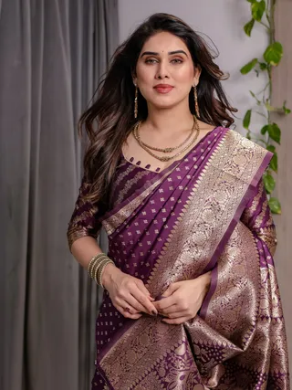 Rich Purple Banarasi Soft Silk Saree with Gold Zari Borders