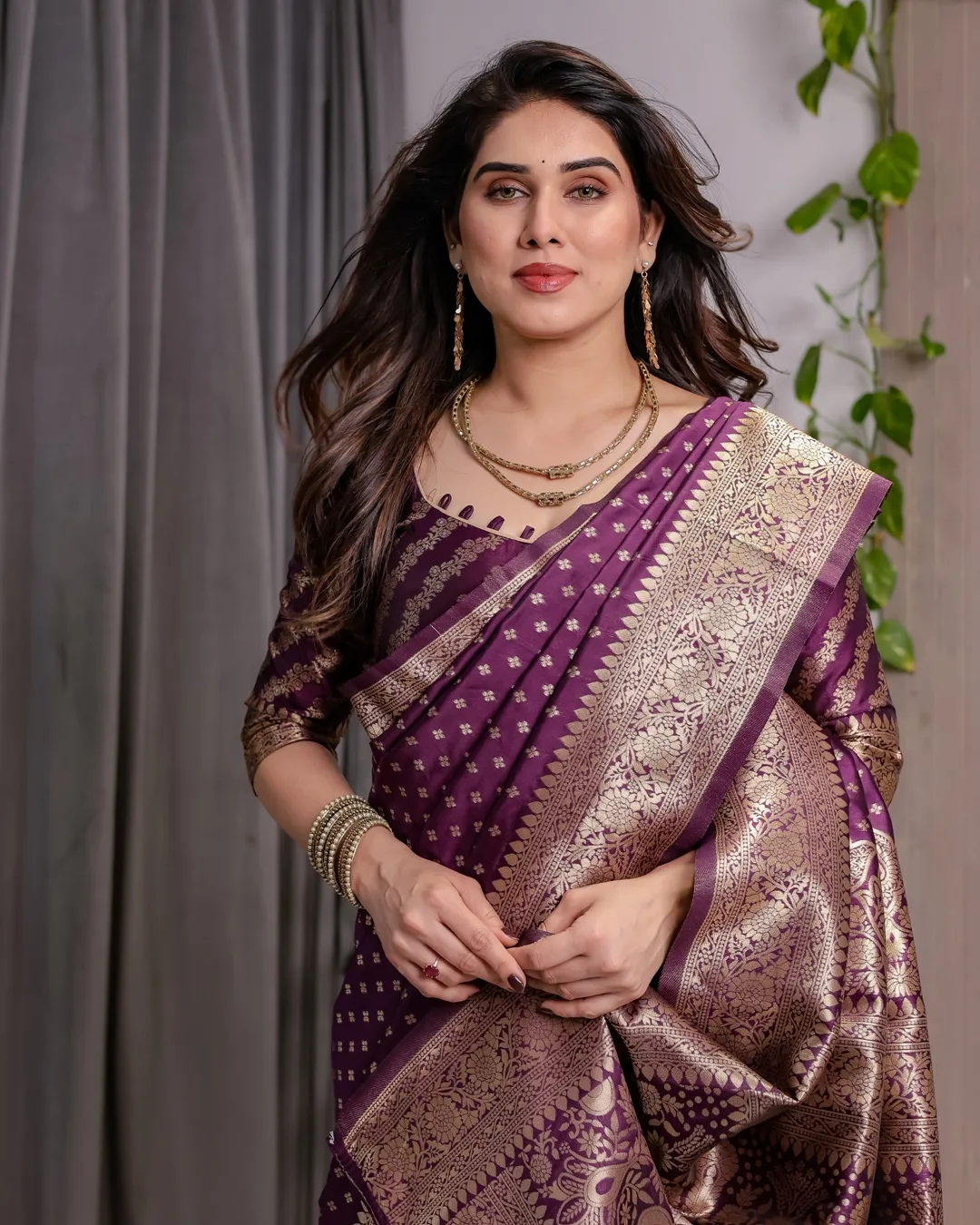 Rich Purple Banarasi Soft Silk Saree With Gold Zari Borders