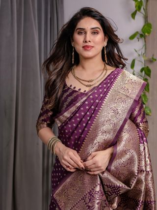 Rich Purple Banarasi Soft Silk Saree With Gold Zari Borders