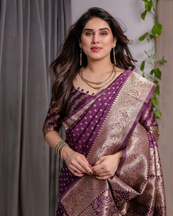Rich Purple Banarasi Soft Silk Saree With Gold Zari Borders