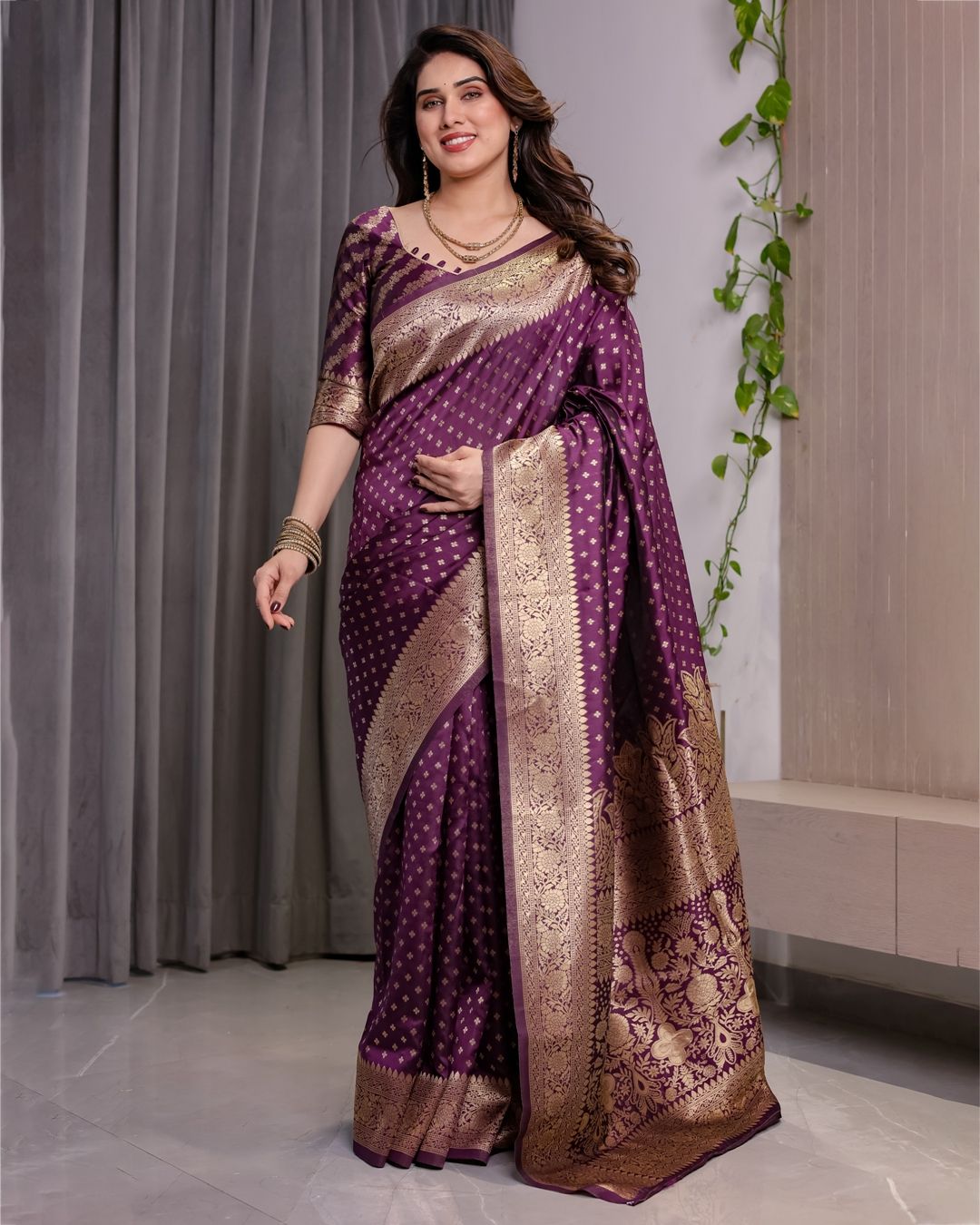 Rich Purple Banarasi Soft Silk Saree With Gold Zari Borders