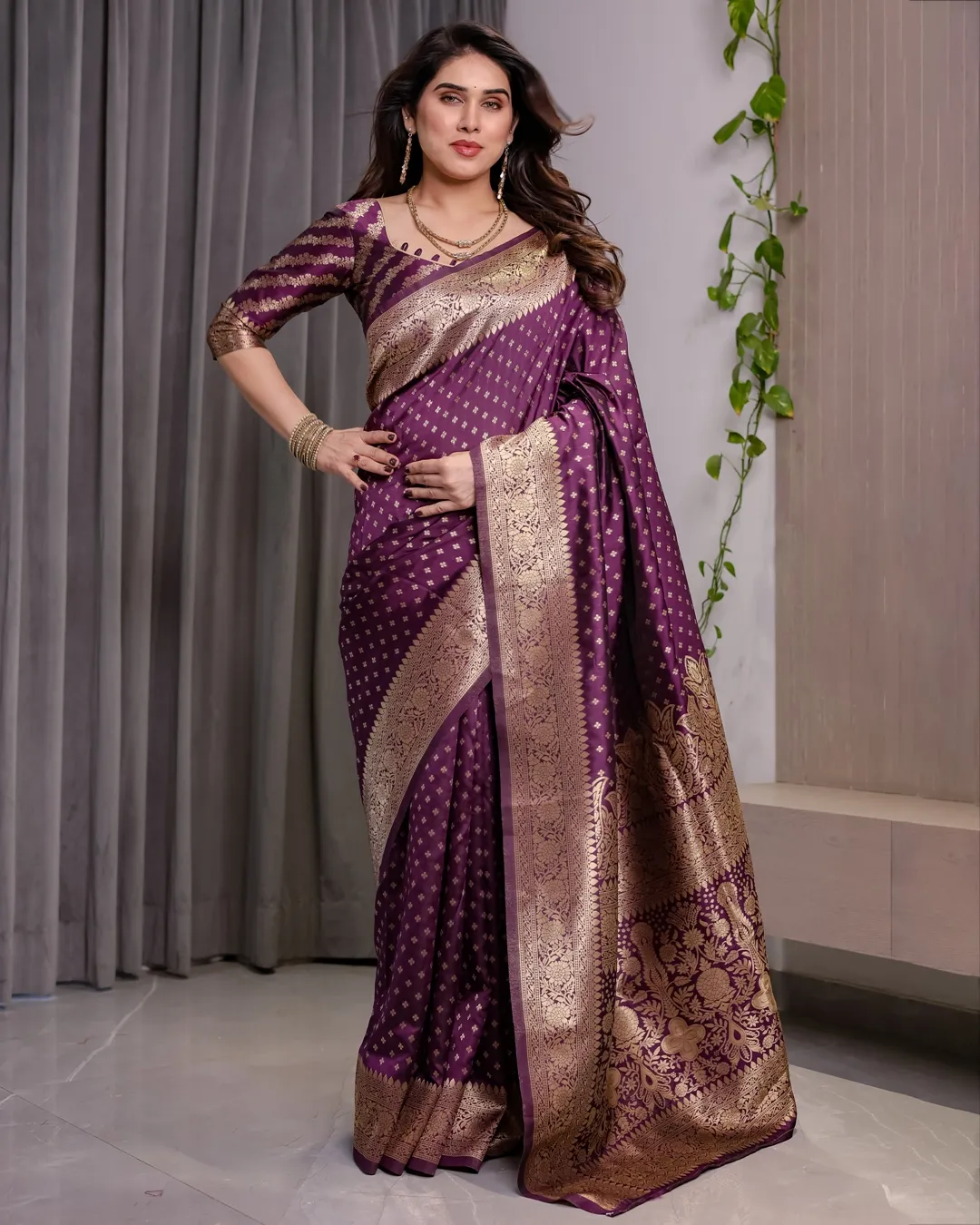 Rich Purple Banarasi Soft Silk Saree With Gold Zari Borders