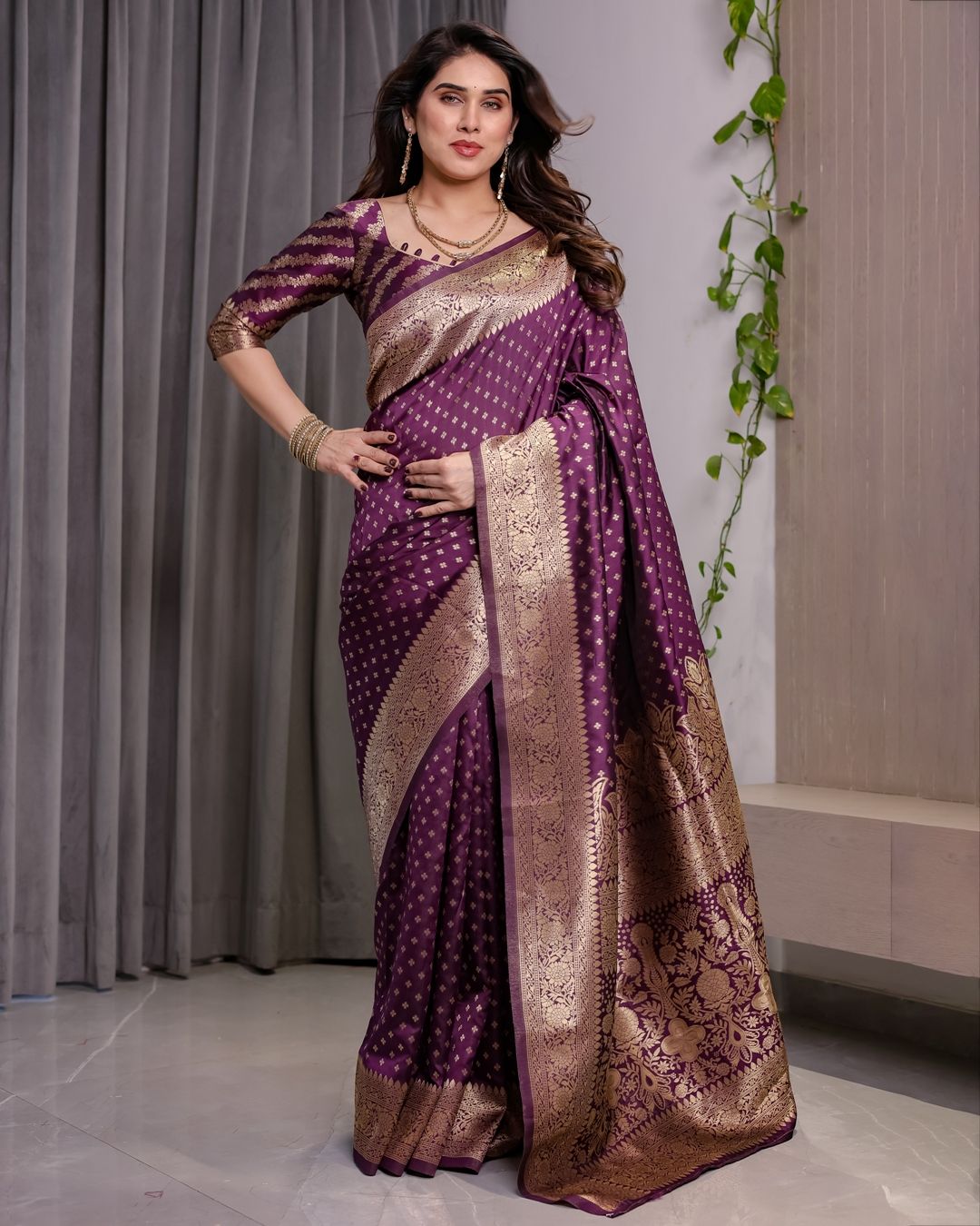 Rich Purple Banarasi Soft Silk Saree With Gold Zari Borders